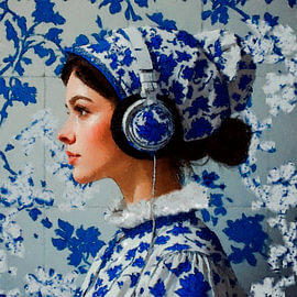 Ein Porträt im Delfter-Blau-Stil: eine junge Frau mit Kopfhörern, die Musik hört.