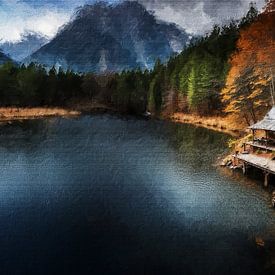 Cabane forestière au bord d'un lac avec vue sur les montagnes (art) sur Art by Jeronimo