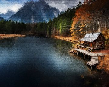 Waldhütte an einem See mit Bergblick (Kunst)