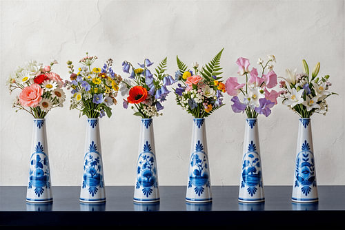 Modernes Stillleben: Reihe von delftblauen Vasen mit Feldblumen