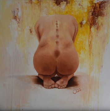 Vrouwelijk naakt tegen abstracte achtergrond. van Jos van de Venne