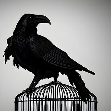 Le corbeau noir sur sa cage sur Coen Roubos