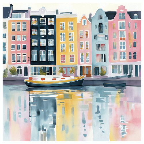 Aquarelle représentant des maisons à Amsterdam – canaux et reflets
