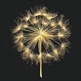 Minimalistisch schilderij van een uitgebloeide paardenbloem in goud