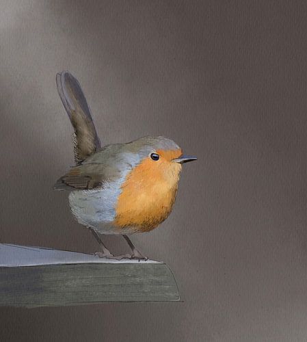 Watercolor robin on shelf by Emmy Van der knokke