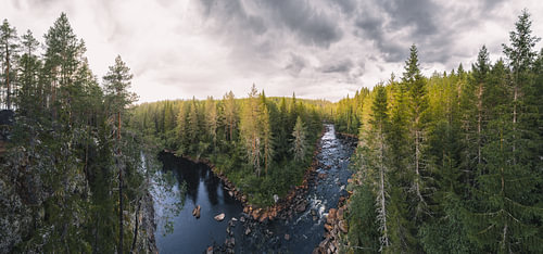 Swedish nature – A horizontal panorama of the meandering Fämtan River in the Fämtleden Gorge