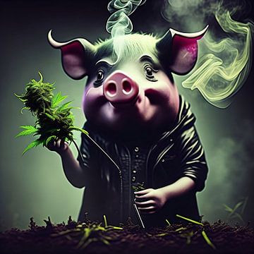 Cochon heureux fumant de l'herbe sur renato daub