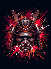 Japanischer Samurai-Kriegerhelm, Menpo-Maske, Bushido-Geist – dynamische grafische Illustration von The Deeper Way