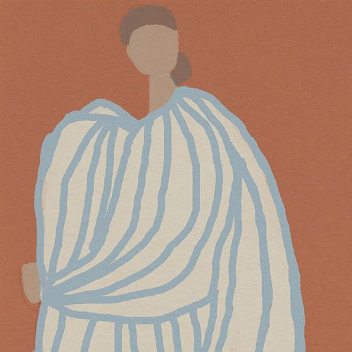 Rayures. Portrait de femme dans un style rétro. Terracotta, bleu clair, blanc, marron