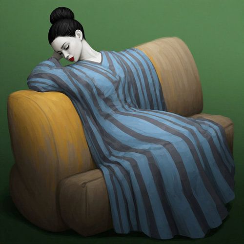 A young woman lounging on a sofa surrealism.