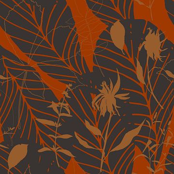 Blätter im Boho-Stil in Retro-Farben. Moderne botanische Kunst in Terra und Schwarz von Dina Dankers