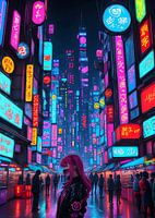 vrouwen met masker in cyberpunkmarkt