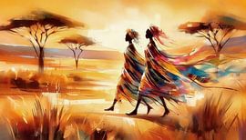 Afrikanische Frauen schreiten mit festem Schritt über die Savanne von ¡ guay !