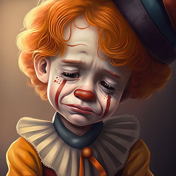 Clown pleurnichard aux cheveux roux et portant un collier par Anne Loos