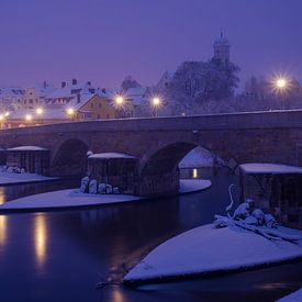 Stenen brug en Stadtamhof in Regensburg bij nacht in de winter met sneeuw van Robert Ruidl