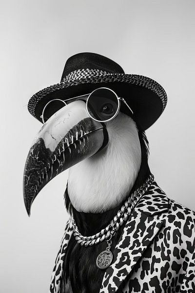 Toucan avec chapeau et lunettes de soleil en noir et blanc par Poster Art Shop