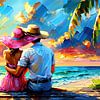 Dans l'éclat doré du coucher de soleil - La femme au chapeau de soleil rose et son amoureux sur la plage caribéenne de la tendresse sur AidasignArt