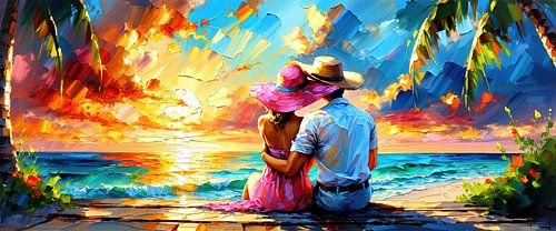 Dans l'éclat doré du coucher de soleil - La femme au chapeau de soleil rose et son amoureux sur la plage caribéenne de la tendresse