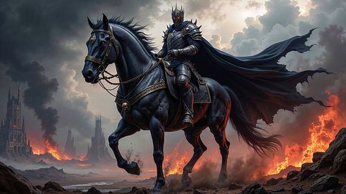 VELKRADON – Le chevalier noir chevauche avec son cheval à travers un champ de bataille