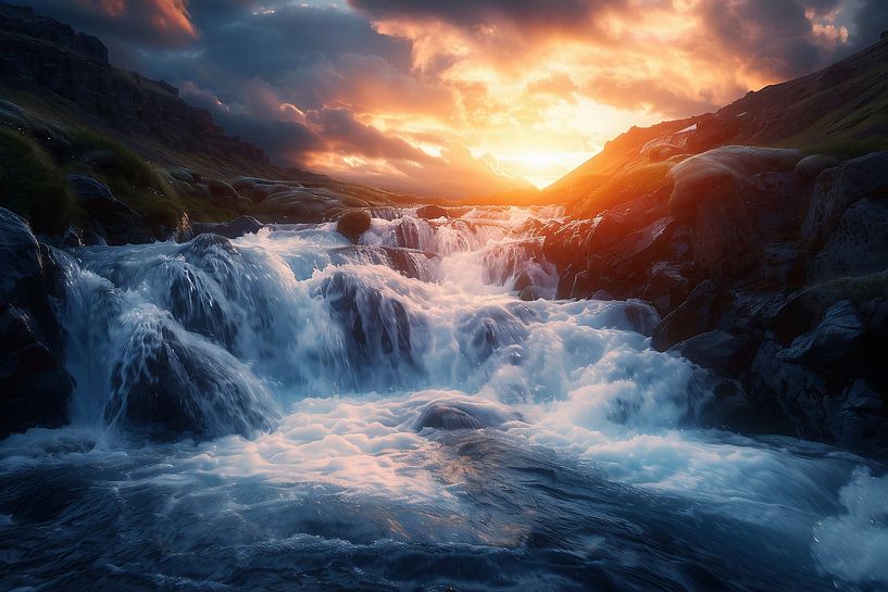 Glühender Himmel, schäumender Fall von fernlichtsicht