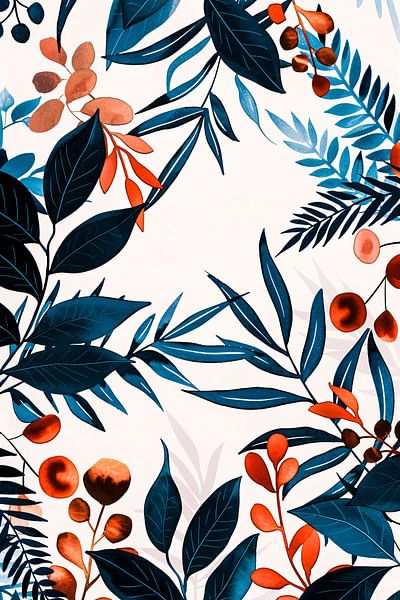 Botanische print met blauw en oranje van Art & Soul Creations