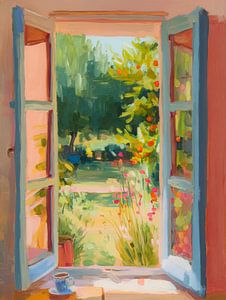 Sommerliche Aussicht durch ein offenes Fenster auf einen Garten voller Blumen und Sonnenlicht