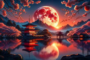 Maanverlichte nacht boven een traditionele Japanse tuin