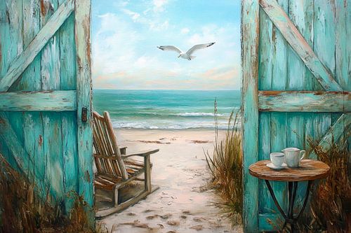Strandzicht door deur