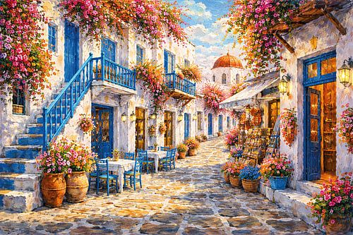 Mykonos in Griekenland, een impressionistisch schilderij.
