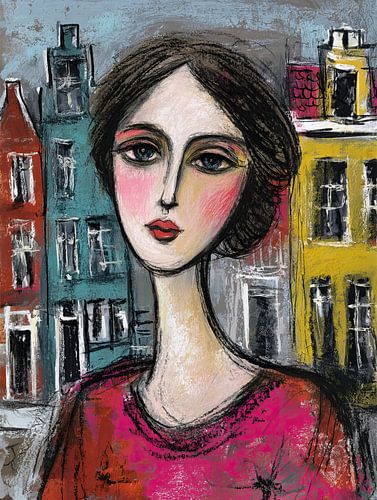 Texel Women's Portrait | Woman Against a Colourful Background by Abstract Painting