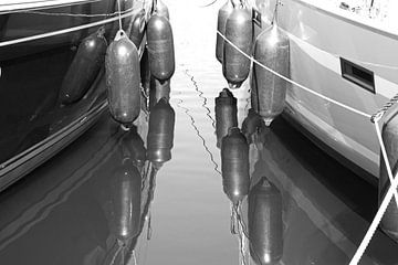 Reflection of sailboats in black white by Judith Cool