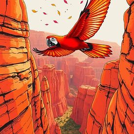 Roter Ara über Canyon - Lebendige Flug-Landschaftskunst von MIROKKU