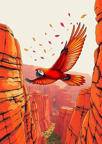 Red Macaw Over Canyon – Vibrant Flight Landscape Art