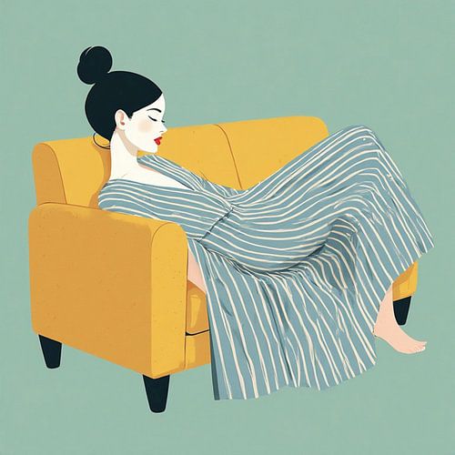 Een jonge vrouw met knotje dagdromen liggend op de bank.