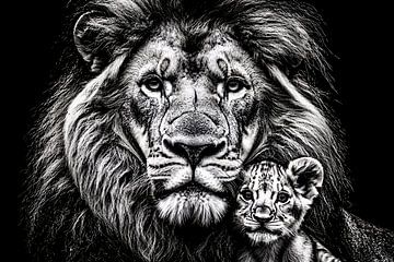 Lion et louveteau en noir et blanc ;