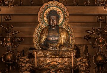 Gouden standbeeld van de Japanse Boeddha Shakyamuni omgeven door lotusbloemen.