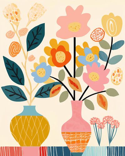 Nature morte illustrée en couleurs avec des fleurs