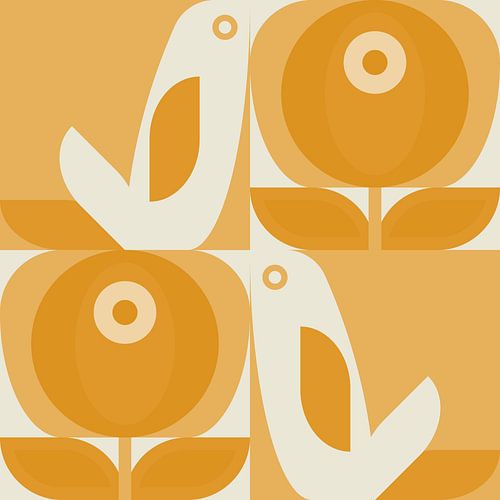 Scandinavisch retro. Vogels en bladeren in okergeel en wit