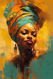 Abstract depiction of an African woman in turquoise and orange by Steinfox Art