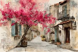 Mediterranean Street with Flowering Pink Tree and Rustic Facades by Peter Pen Drawings and Paintings