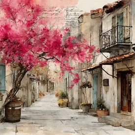 Mediterrane Gasse mit blühendem rosa Baum und rustikalen Fassaden von Peter Pen Zeichnungen und Gemälde