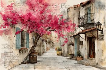 Mediterrane Gasse mit blühendem rosa Baum und rustikalen Fassaden