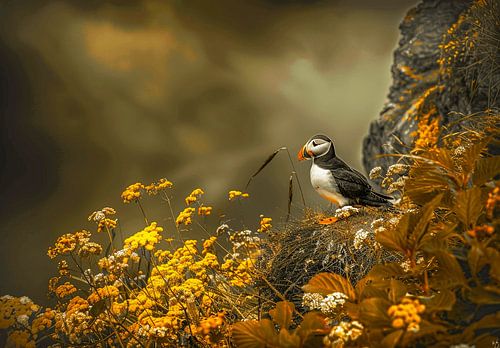 Whispers of Storm | Puffin and Yellow Flowers