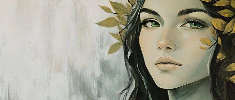 Vrouw met gouden bladeren in haar haar van Poster Art Shop