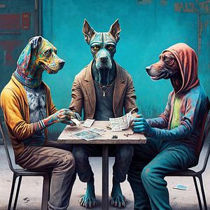 Anthropomorph Hunde Meeting Tisch sitzend surreal
