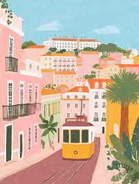Tramway de Lisbonne : peinture à l'aquarelle représentant un paysage urbain sur StudioRemier