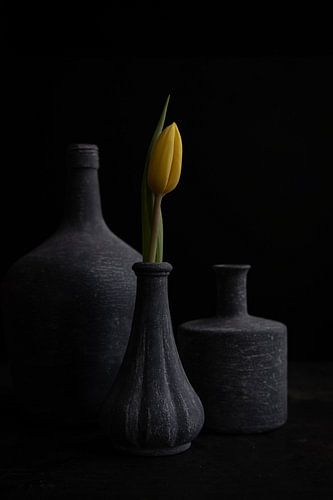 Tulipe jaune dans un vase gris