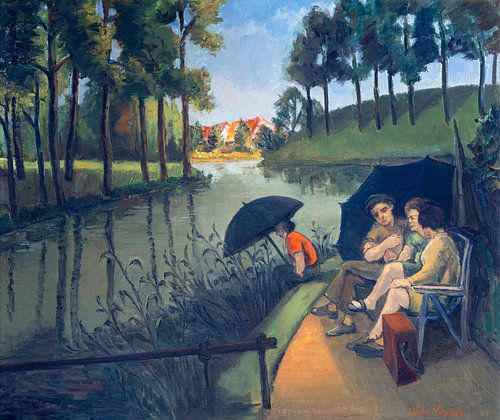 Vissers aan de stadswallen van de vestingstad Hulst - Olieverf schilderij op doek