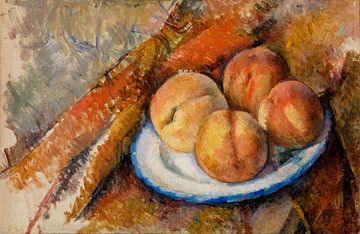 Vier perziken op een bord door Paul Cézanne. Olieverfstilleven. van Dina Dankers