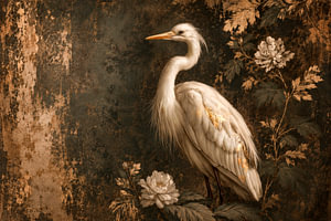 Silent Elegance  botanisch kunstwerk met witte reiger, bladgoud en klassieke bloemen
